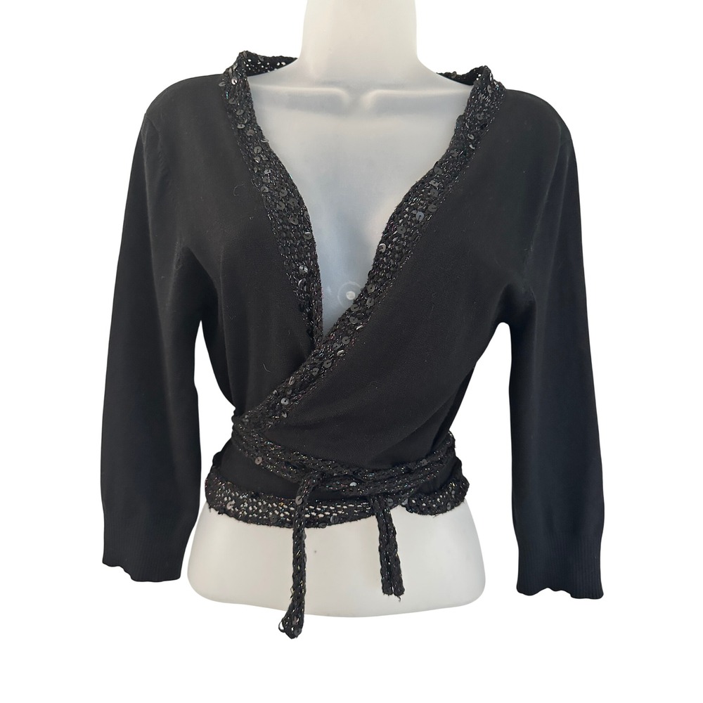 Cool Attitudes Vtg Y2K Silk Sequin Wrap Cardigan Cropped Bolero Tie Front Small